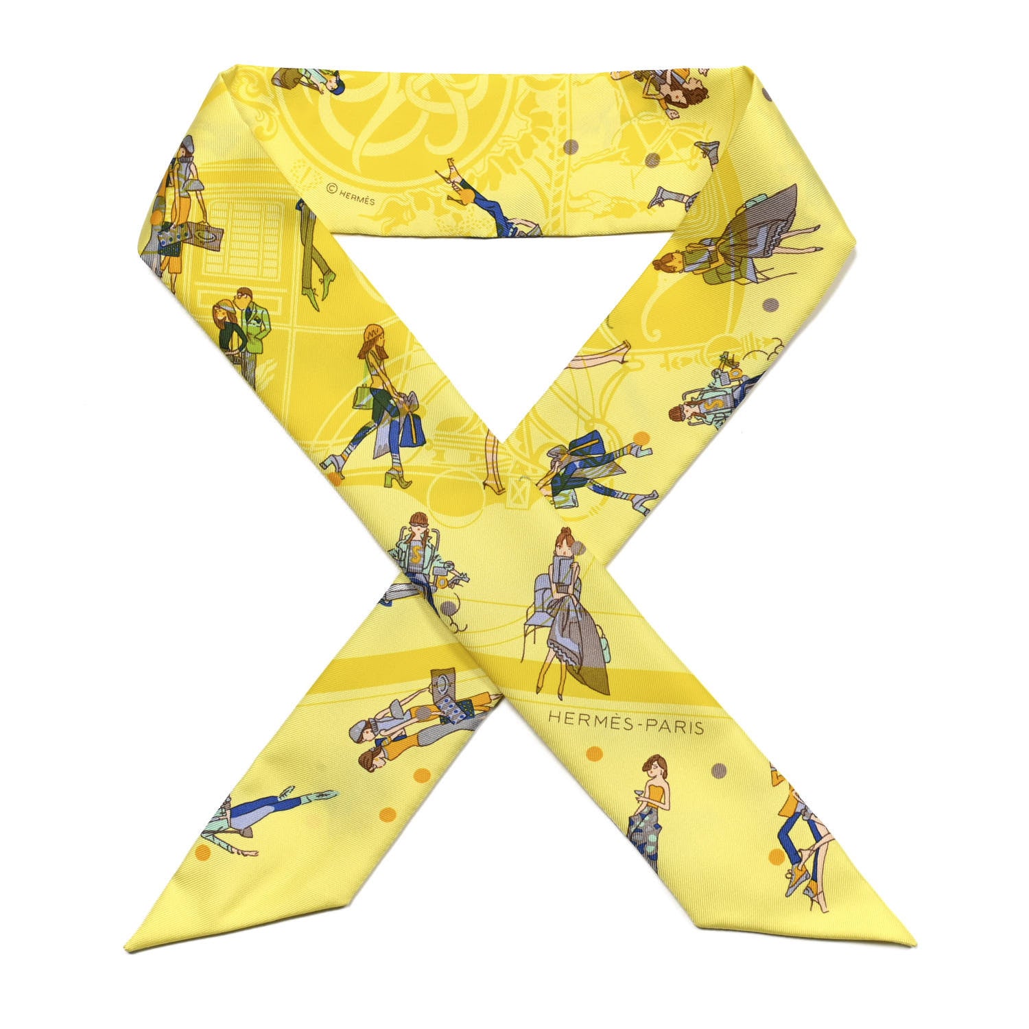 Hermes Silk Ex-Libris Les Parisie Twilly Jaune Soufre Gris 1 of 3