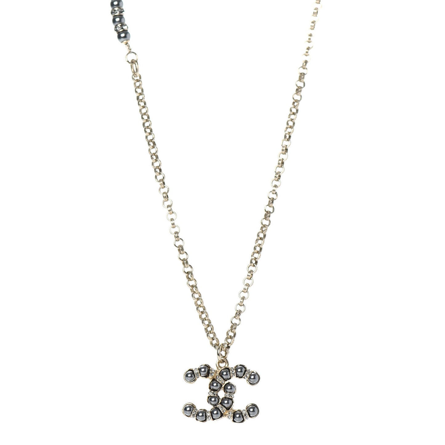 Crystal Pearl Nefertiti CC Pendant Necklace Gold Grey