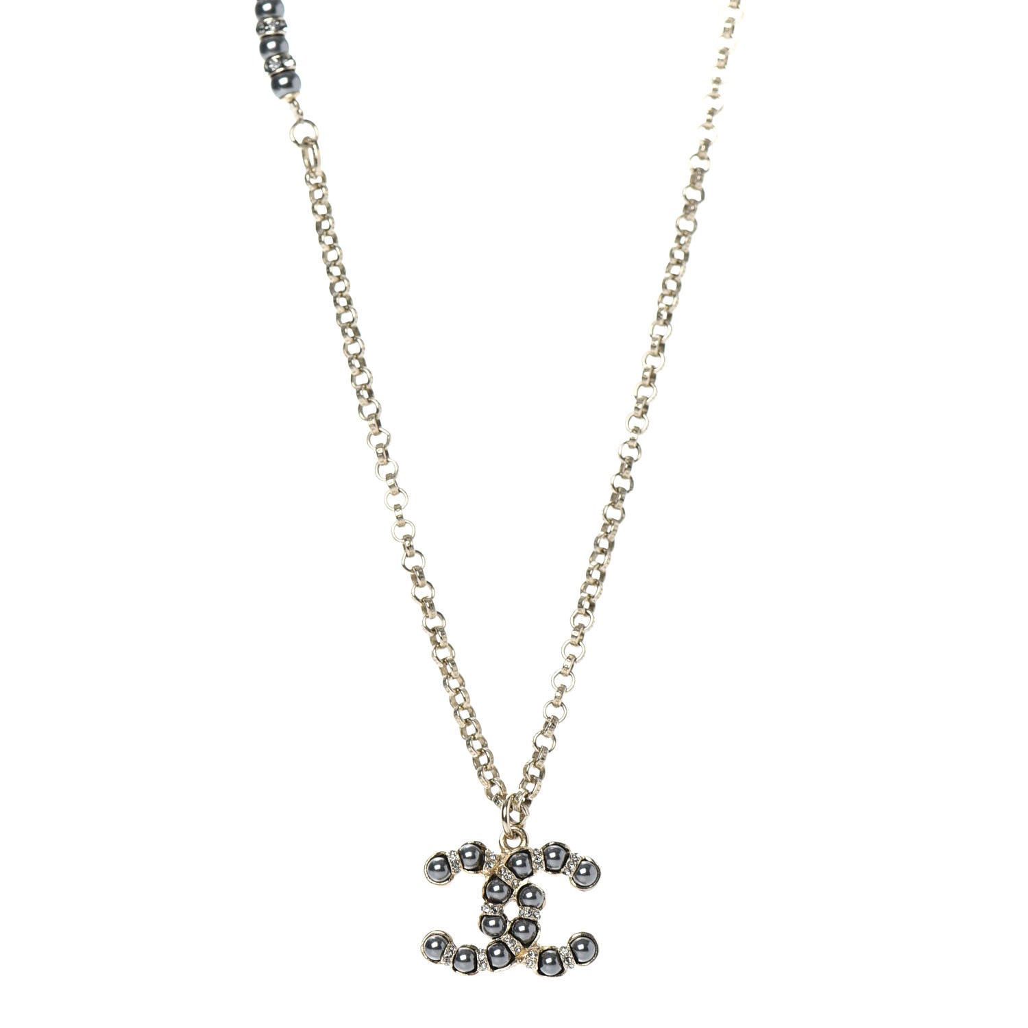 Chanel Crystal Pearl Nefertiti CC Pendant Necklace Gold Grey 1 of 5