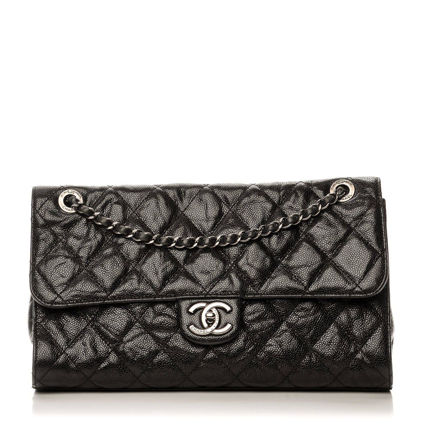 Crumpled Grained Calfskin Jumbo CC Crave Flap Black