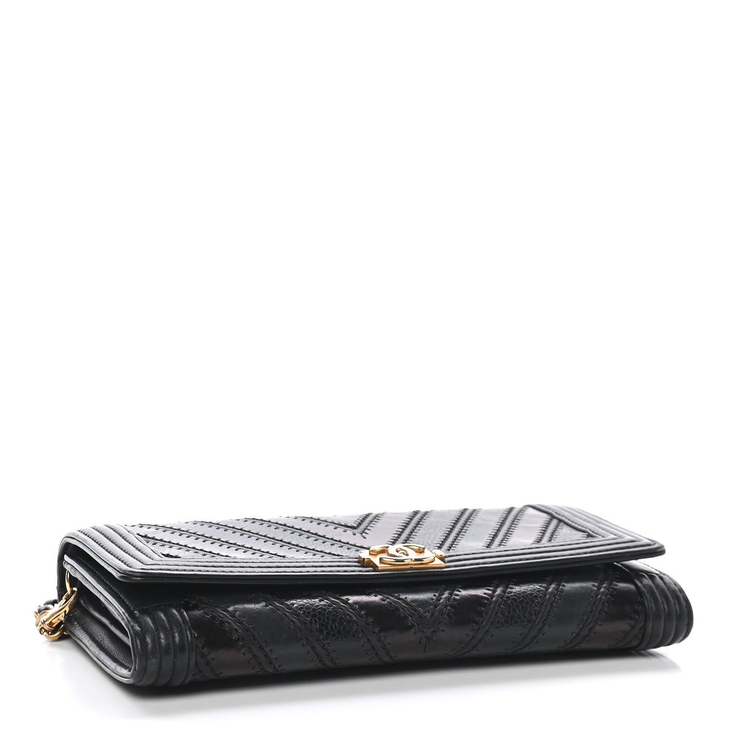 Calfskin Caviar Quilted Chevron Mixed Boy Wallet On Removable Chain Black