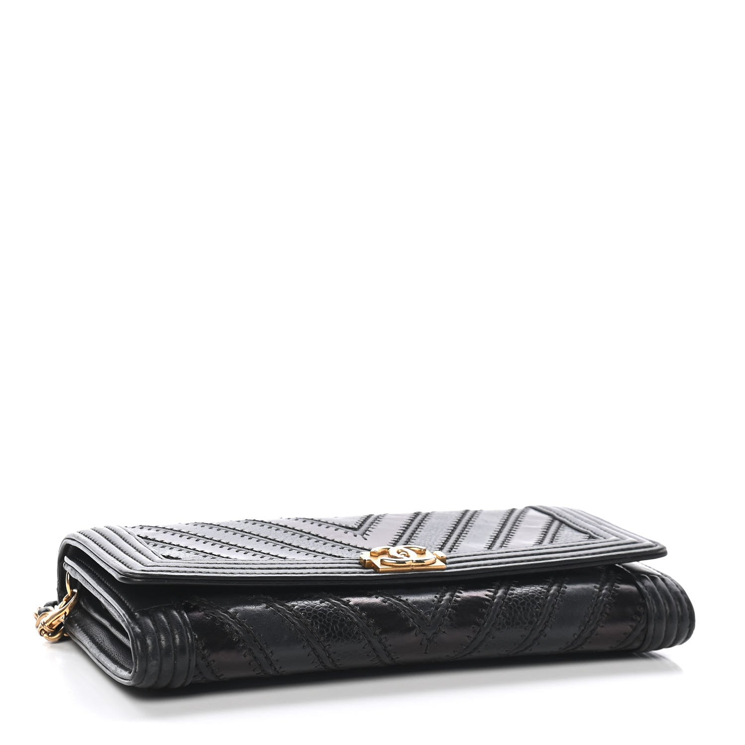 Chanel Calfskin Caviar Quilted Chevron Mixed Boy Wallet On Removable Chain Black 3 of 9