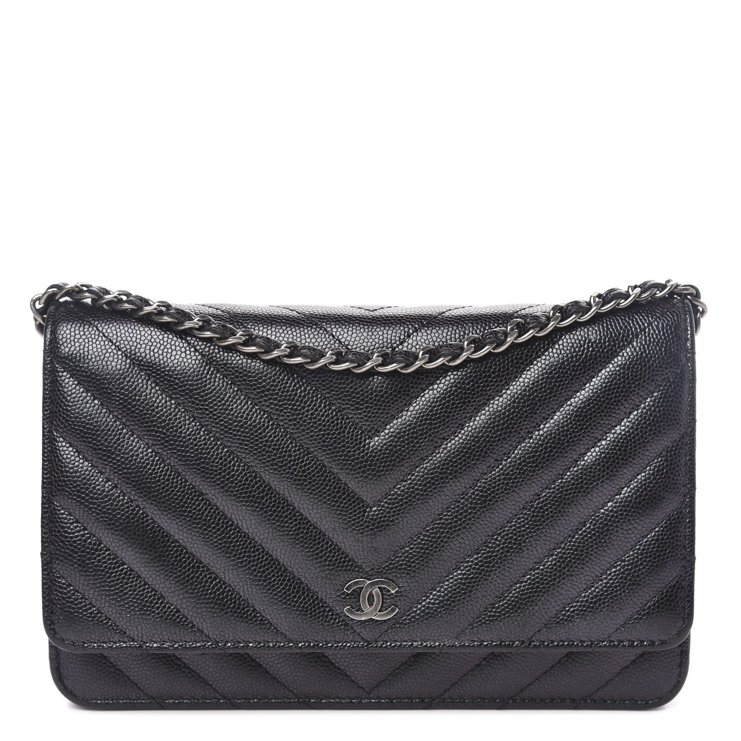 Iridescent Caviar Chevron Quilted Wallet On Chain WOC Black
