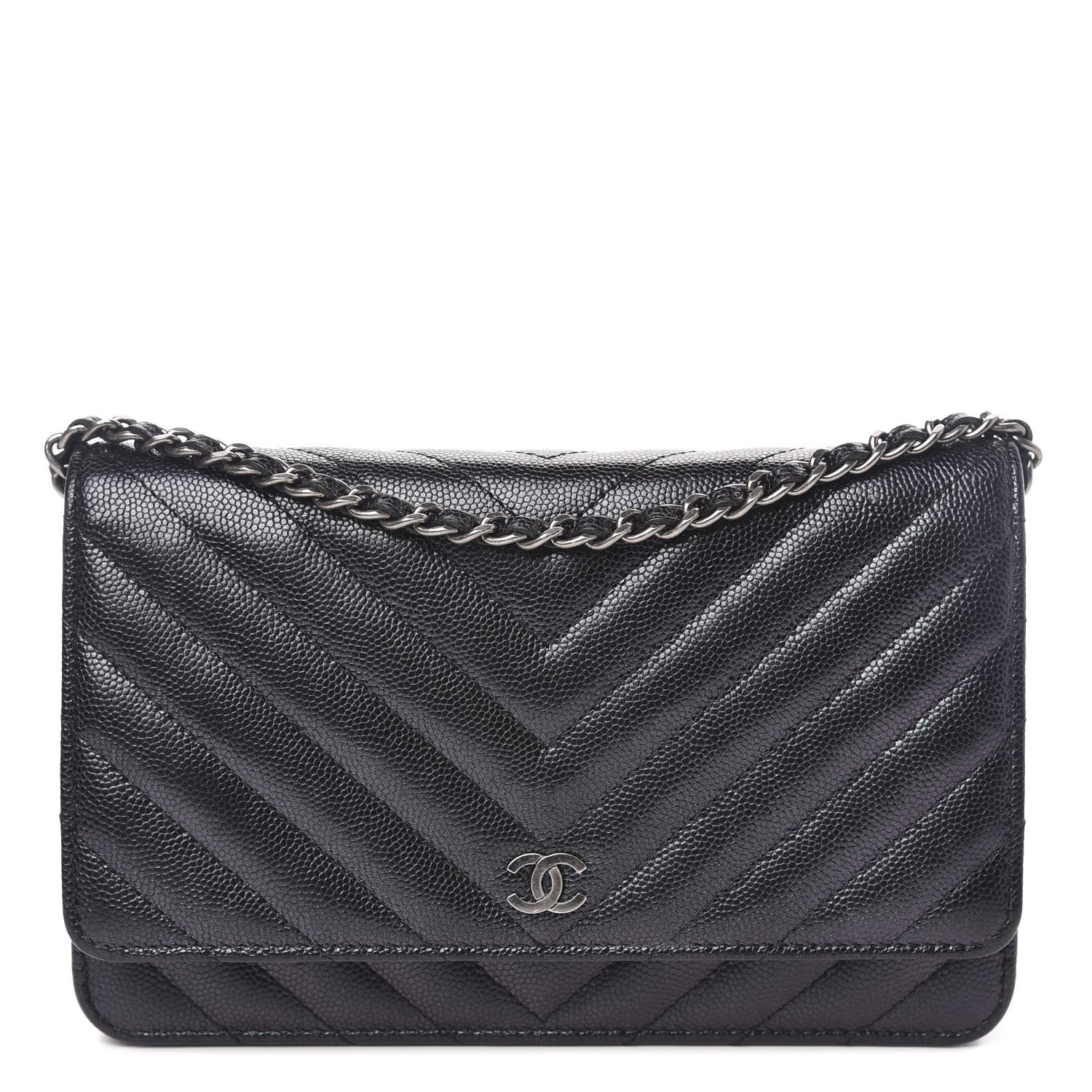 Chanel Iridescent Caviar Chevron Quilted Wallet On Chain WOC Black 2 of 12