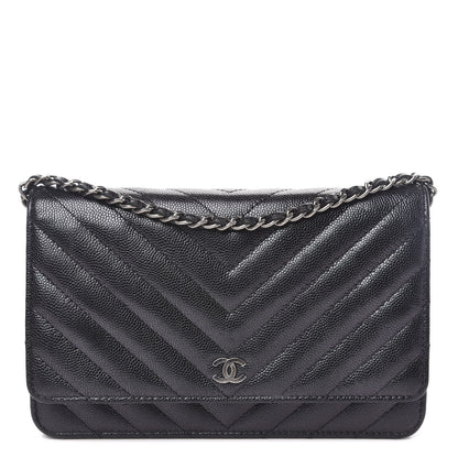 Chanel Iridescent Caviar Chevron Quilted Wallet On Chain WOC Black 2 of 12