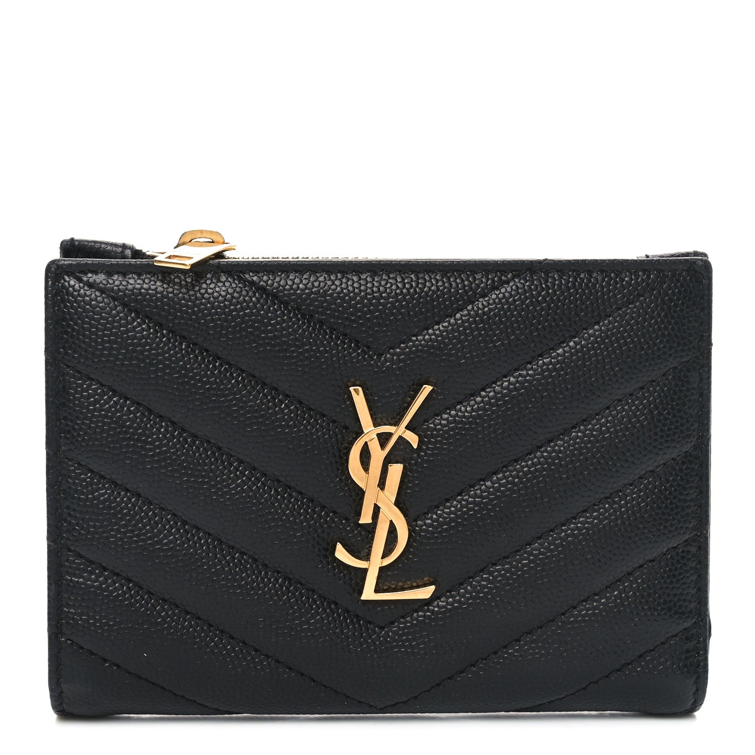 Saint Laurent Grain De Poudre Matelasse Chevron Monogram Zipped Two-Part Wallet Black 1 of 6