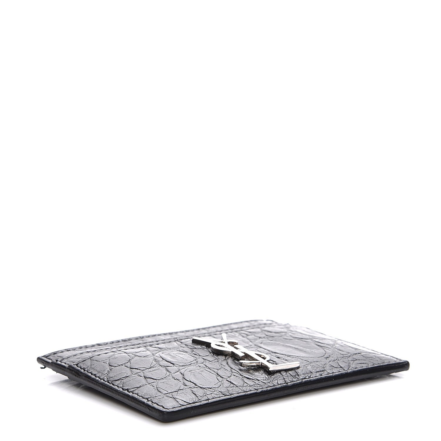 Saint Laurent Calfskin Crocodile Embossed Monogram Credit Card Case Black 4 of 8
