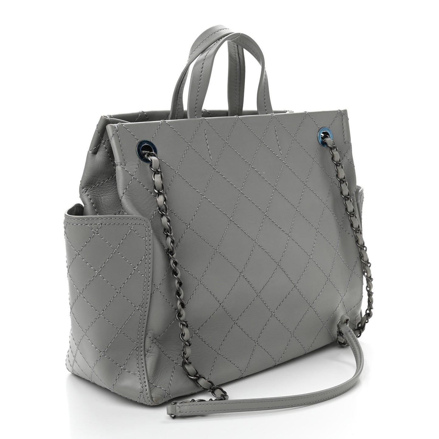 Grained Calfskin Small CC Pocket Tote Grey