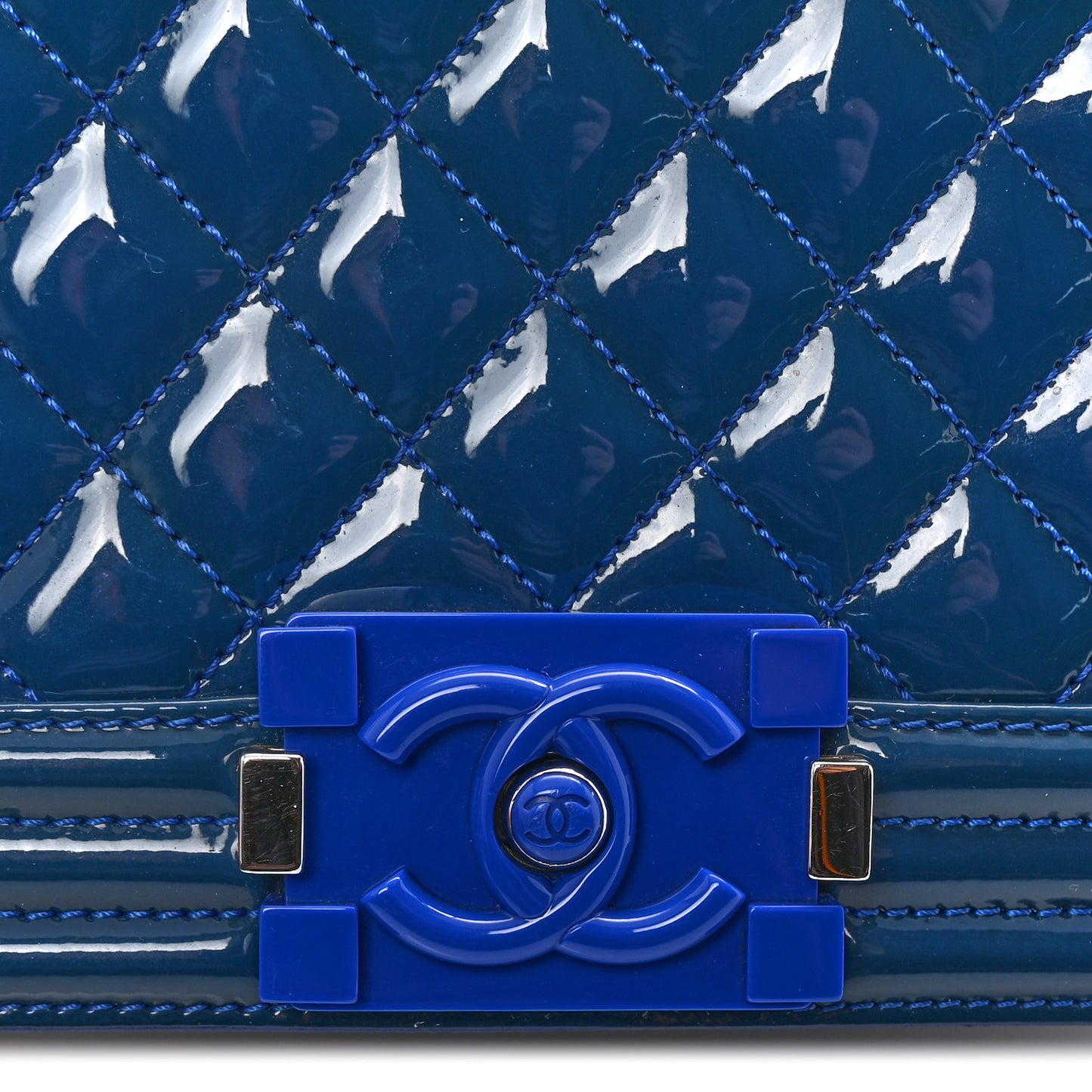 Patent Calfskin Quilted Medium Plexiglass Boy Flap Blue