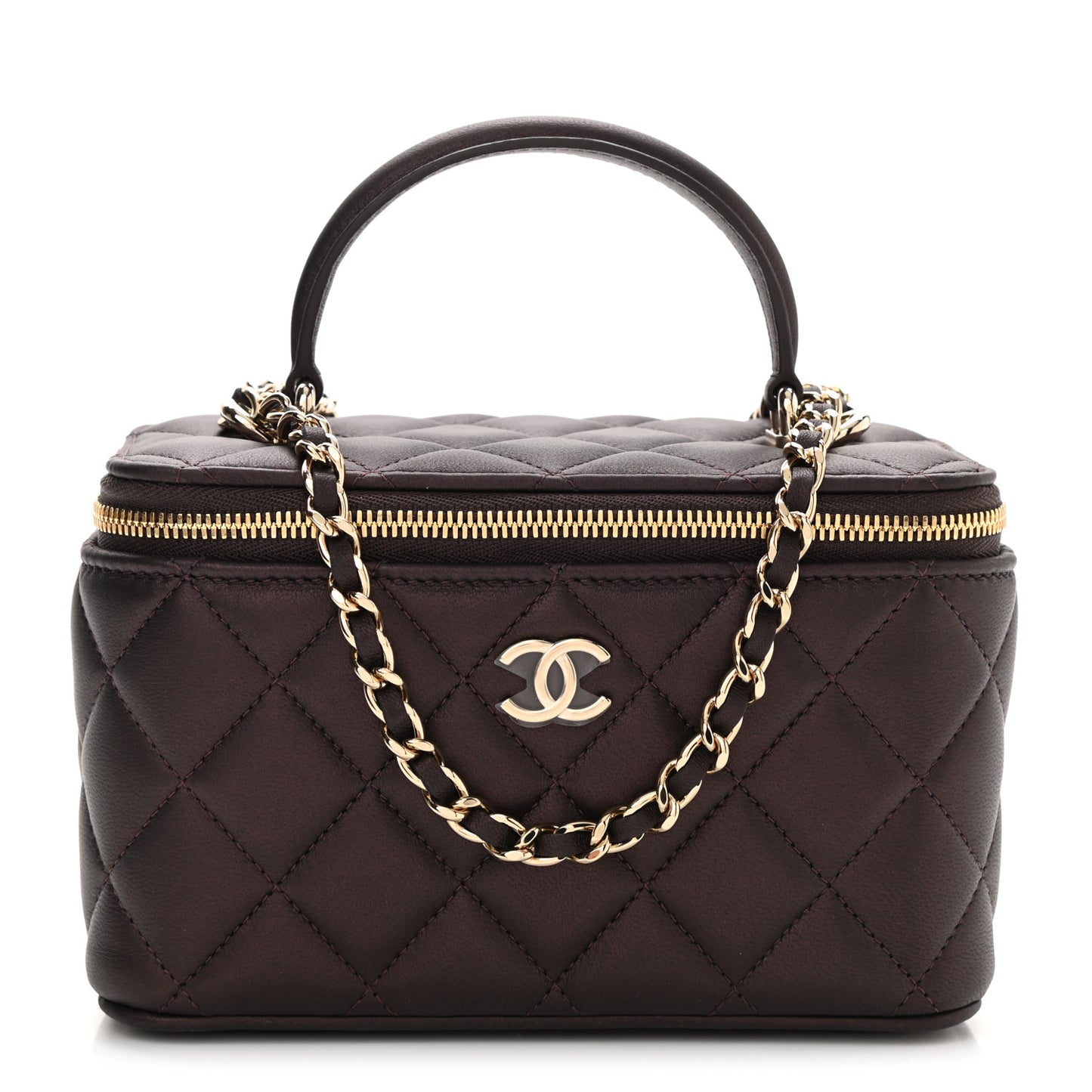 Iridescent Lambskin Quilted Small Top Handle Vanity Case With Chain Burgundy