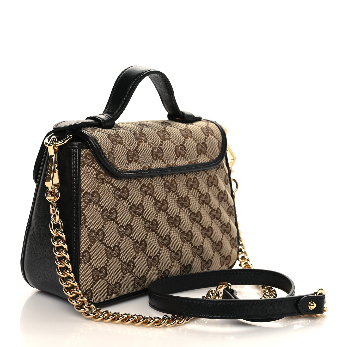 Monogram Azalea Calfskin Matelasse Diagonal Mini GG Marmont Top Handle Shoulder Bag Beige Ebony Black