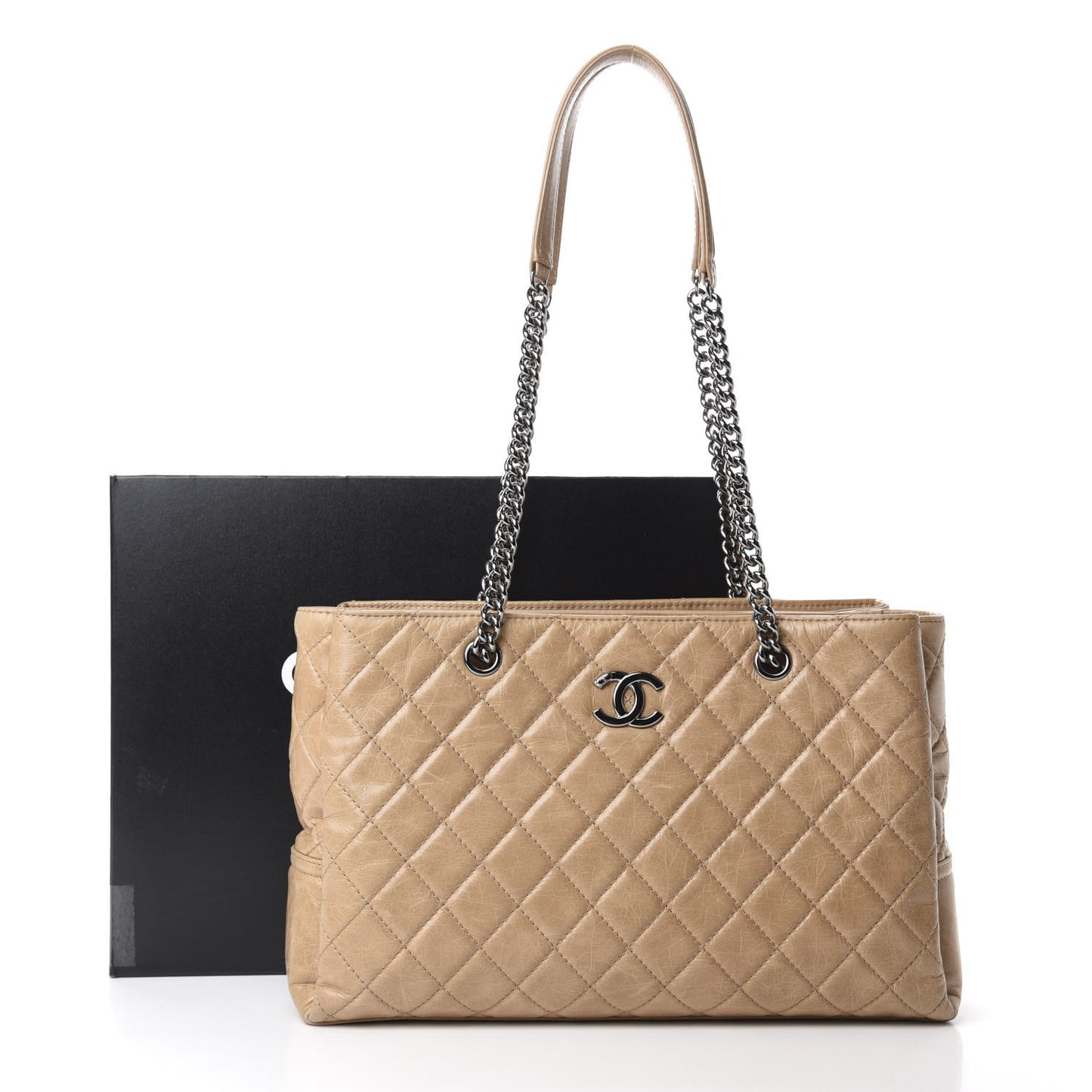 Glazed Calfskin Quilted Shopping Tote Beige