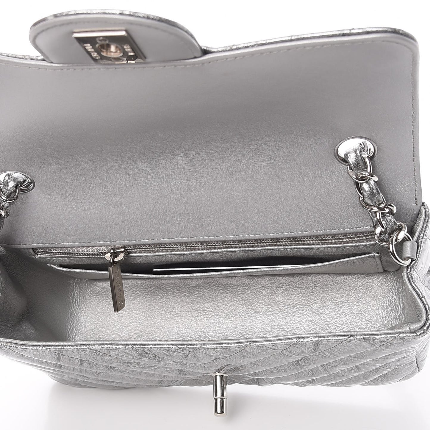 Patent Metallic Crumpled Calfskin Chevron Quilted Mini Rectangular Flap Silver