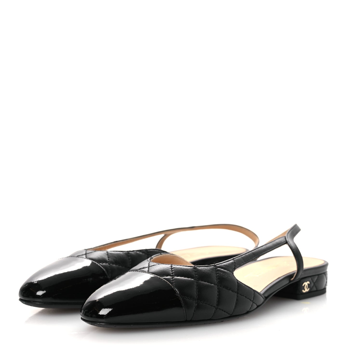 Lambskin Patent Cap Toe CC Slingback Flats 37.5 Black