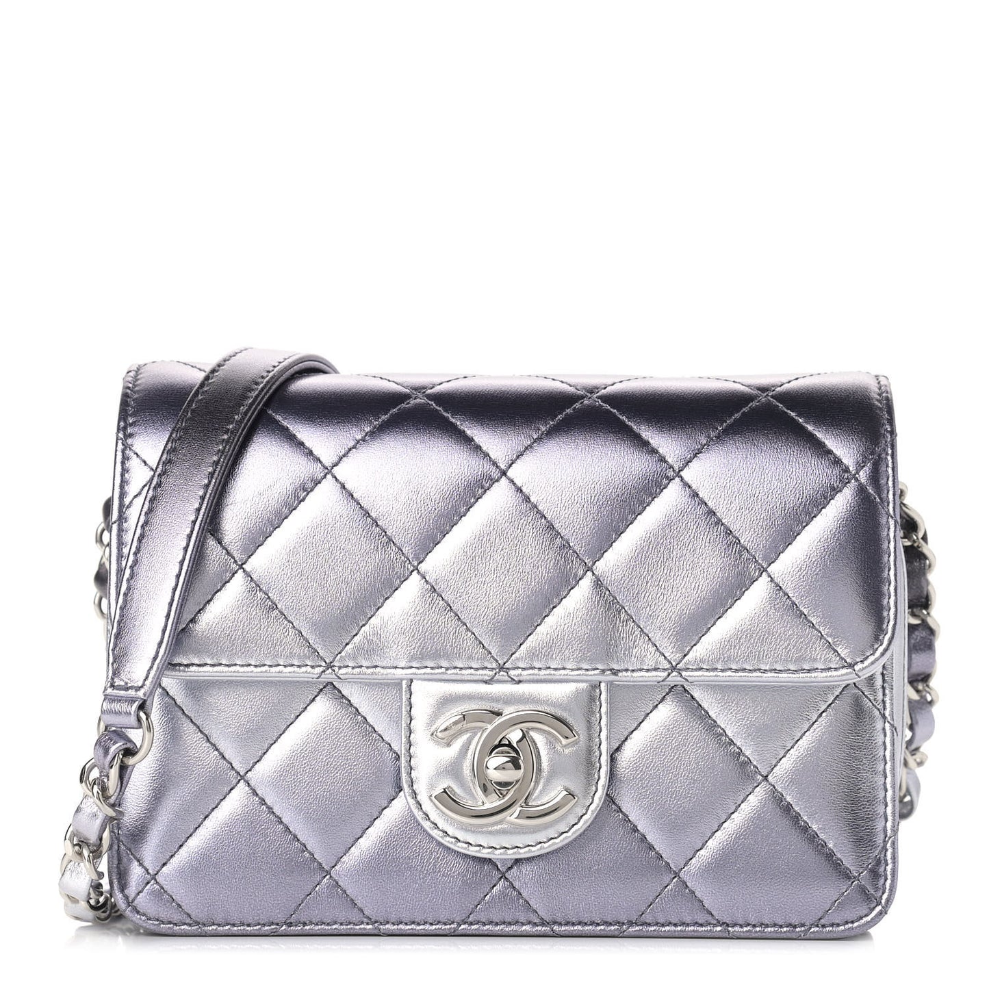 Metallic Lambskin Like A Wallet Flap Silvery Black