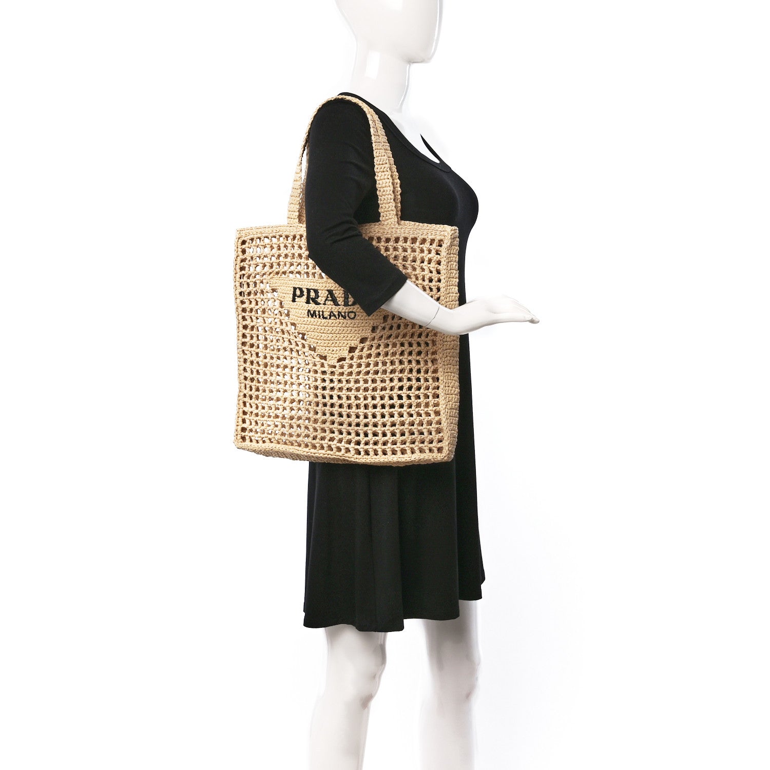 Prada Yarn Raffia Effect Crochet Logo Embroidered Tote Bag Naturale 2 of 8