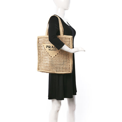 Prada Yarn Raffia Effect Crochet Logo Embroidered Tote Bag Naturale 2 of 8