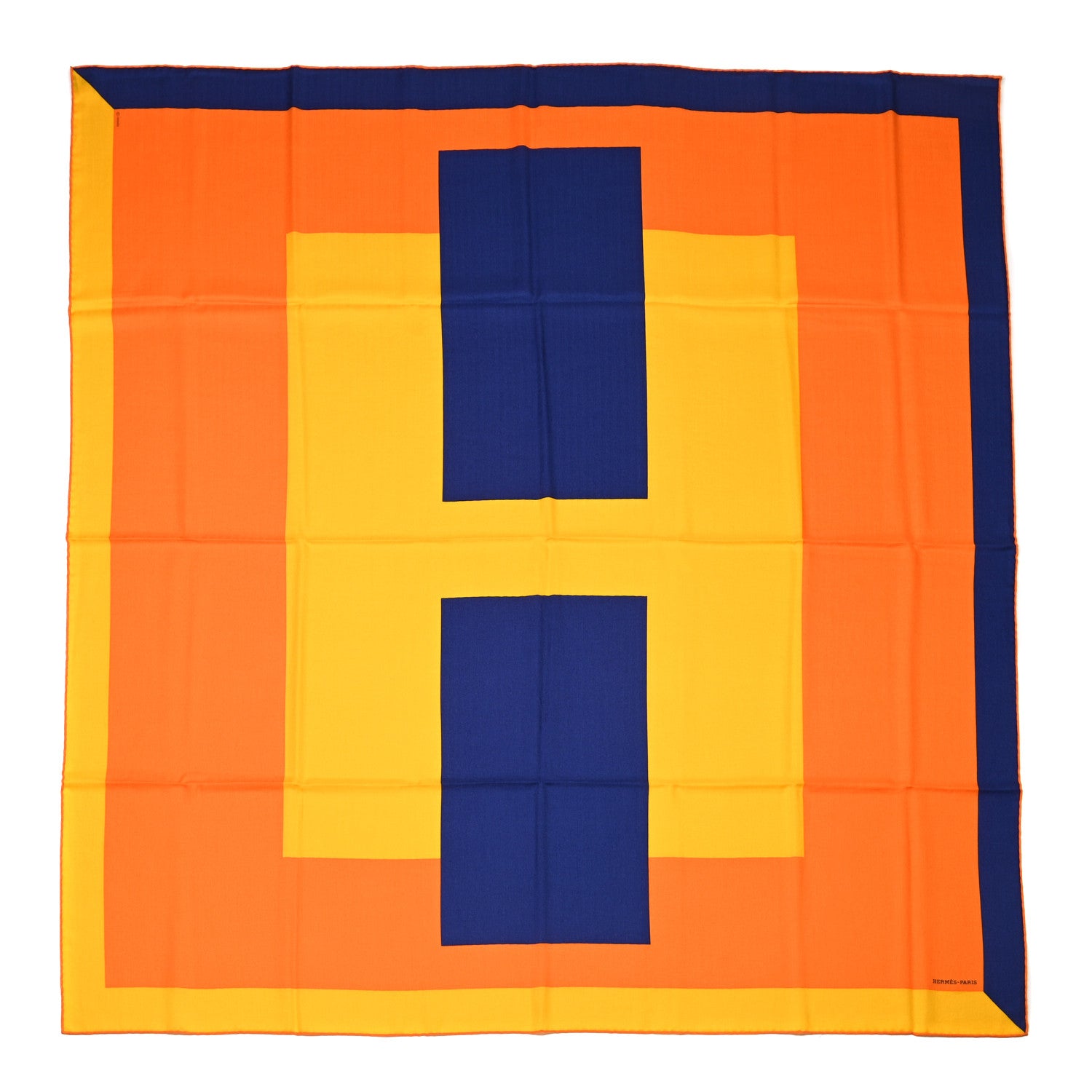 Hermes Cashmere Silk Encadre H Passant Giant Scarf 140 Orange Jaune Bleu 1 of 4