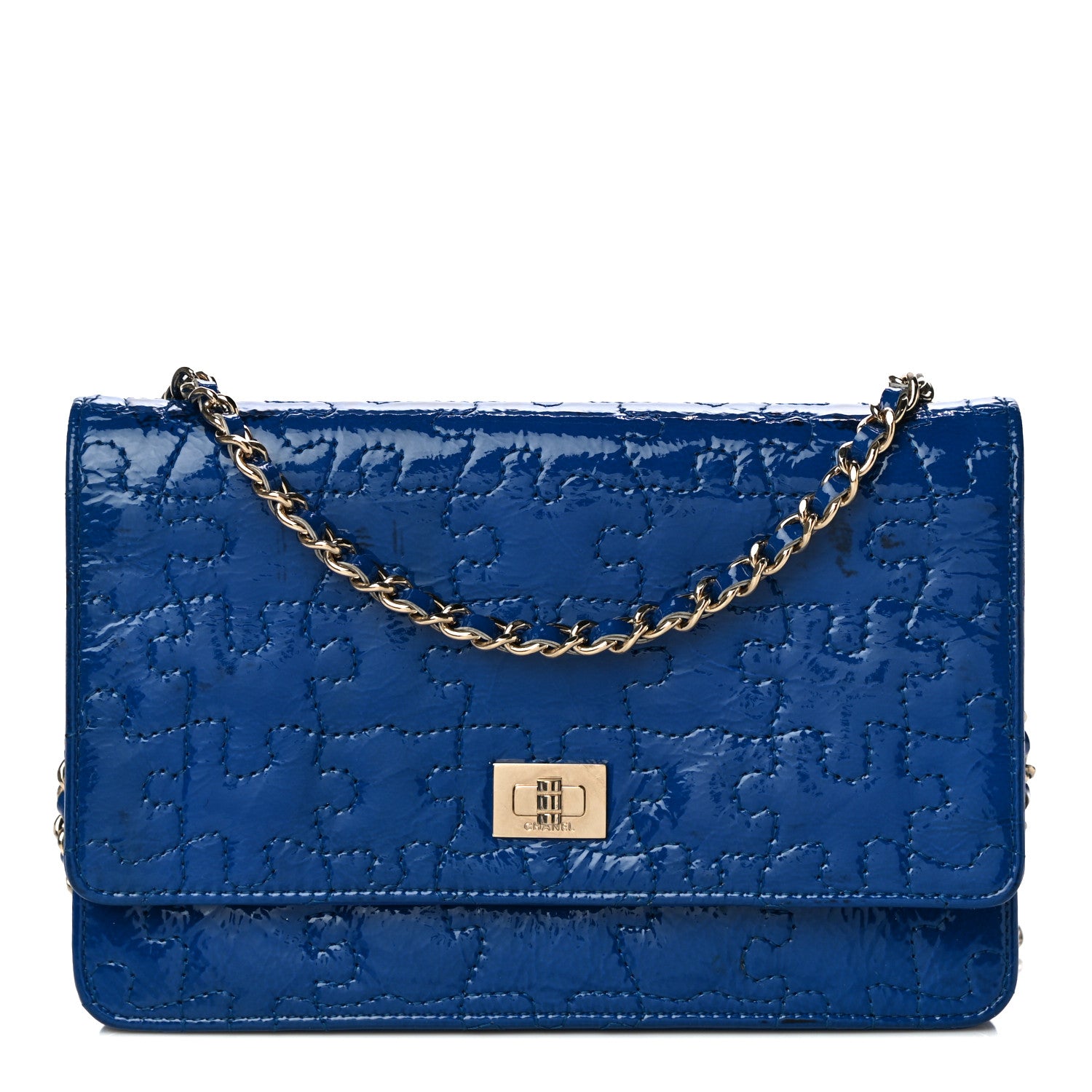 Chanel Crackled Patent Calfskin Puzzle Reissue Wallet On Chain WOC Blue 1 of 15