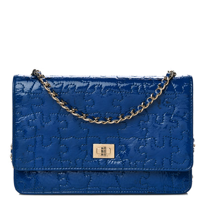 Chanel Crackled Patent Calfskin Puzzle Reissue Wallet On Chain WOC Blue 1 of 15
