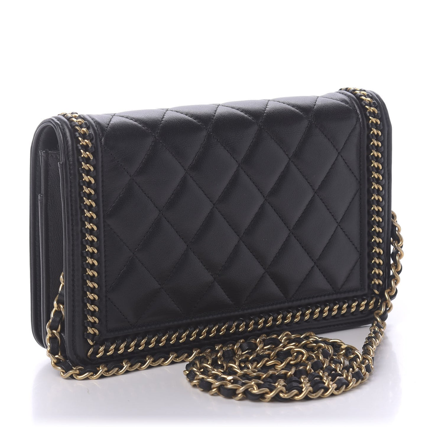 Calfskin Quilted Chain Around Boy Wallet On Chain WOC Black