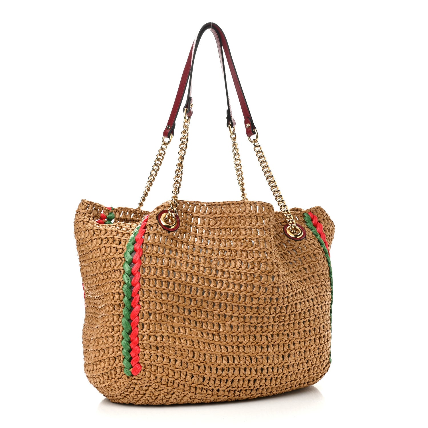 Gucci Raffia Effect Large GG Marmont Shoulder Tote Bag Natural Red Green 3 of 10