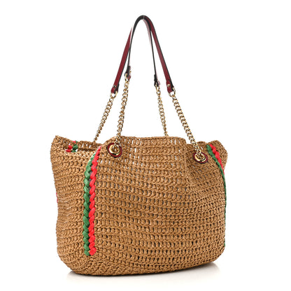 Gucci Raffia Effect Large GG Marmont Shoulder Tote Bag Natural Red Green 3 of 10