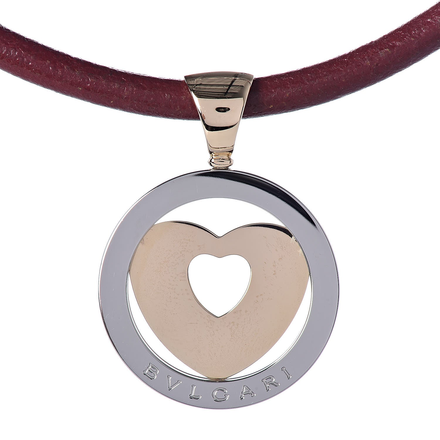 Bulgari Stainless Steel 18K Yellow Gold Calfskin Tondo Heart Pendant Necklace Brown 4 of 7