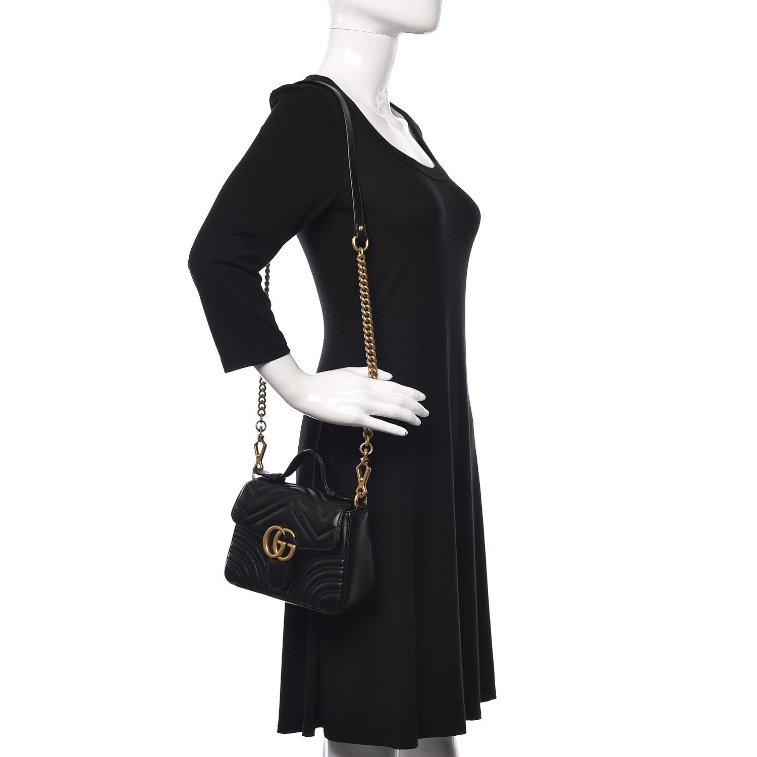 Gucci Calfskin Matelasse Mini GG Marmont Top Handle Shoulder Bag Black 2 of 10