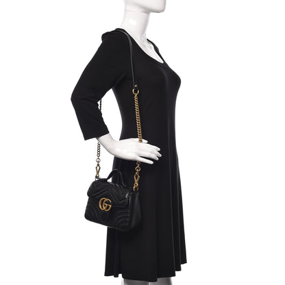 Gucci Calfskin Matelasse Mini GG Marmont Top Handle Shoulder Bag Black 2 of 10