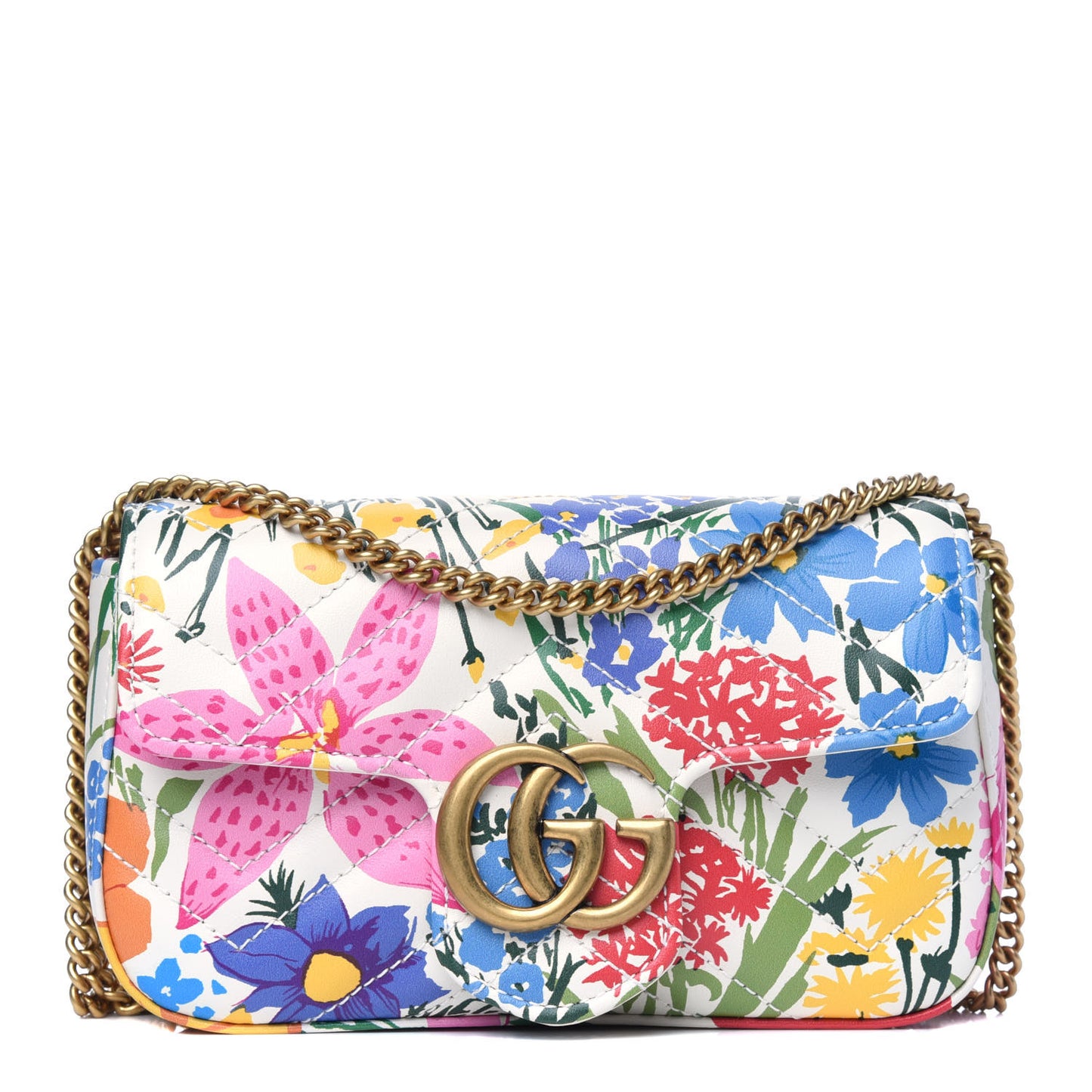 X KEN SCOTT Calfskin Matelasse Floral Print Super Mini GG Marmont Shoulder Bag Ivory Pink
