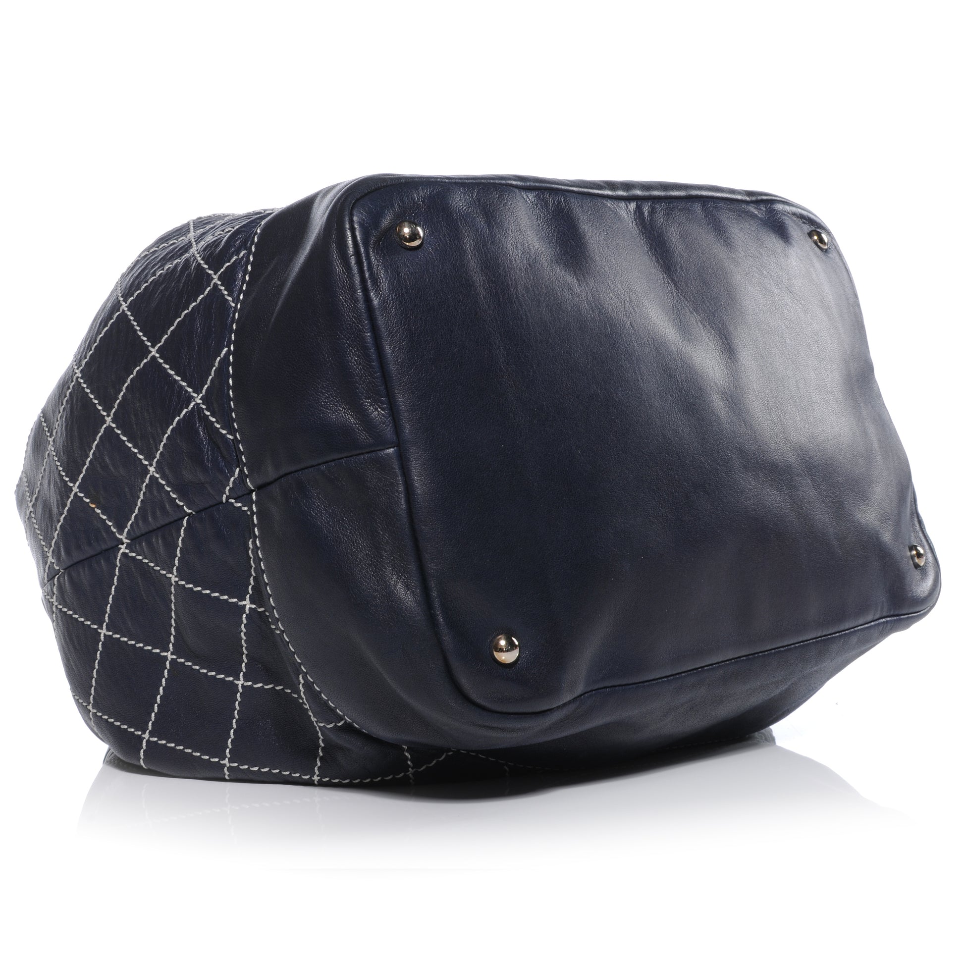 Chanel Leather Contrast Stitch Drawstring Tote Navy 4 of 9