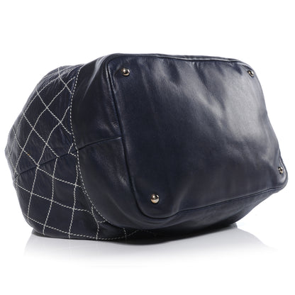 Chanel Leather Contrast Stitch Drawstring Tote Navy 4 of 9