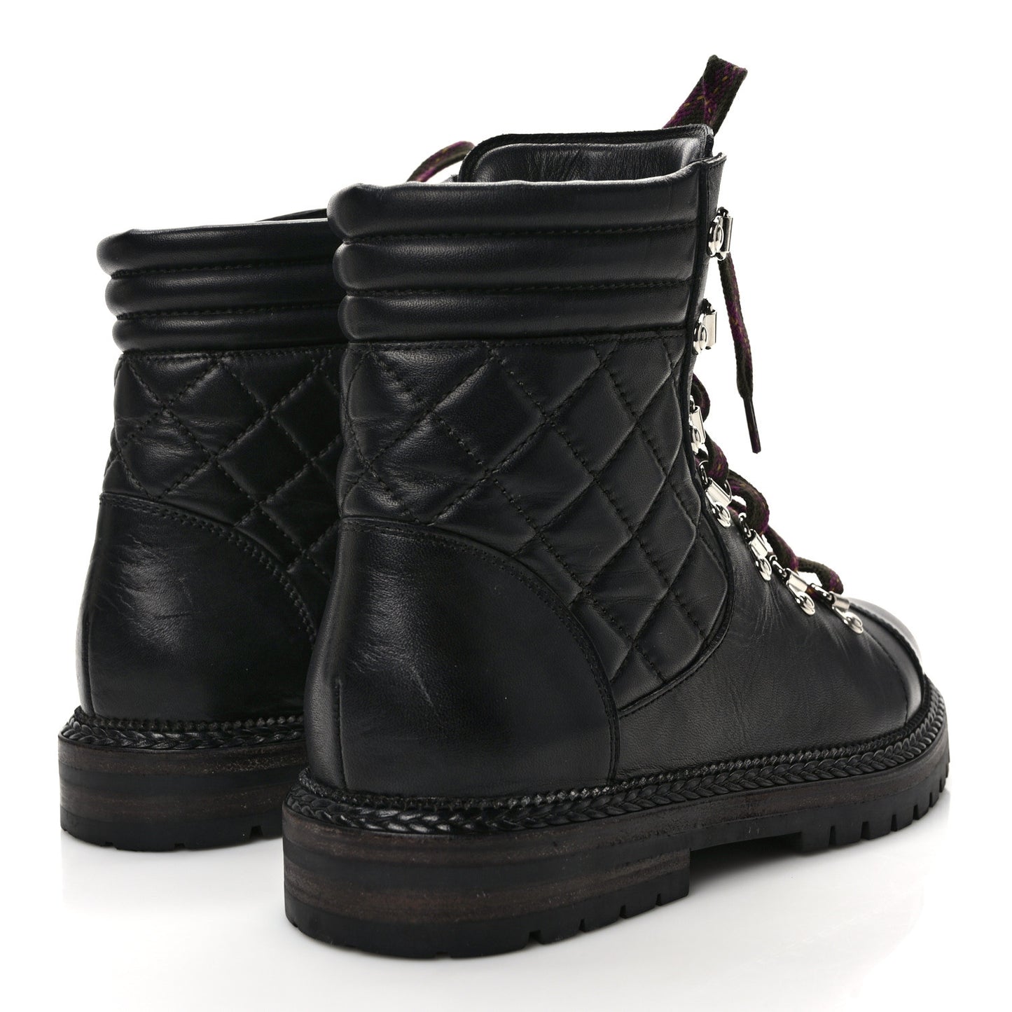Lambskin Quilted Lace Up Boots 37.5 Black