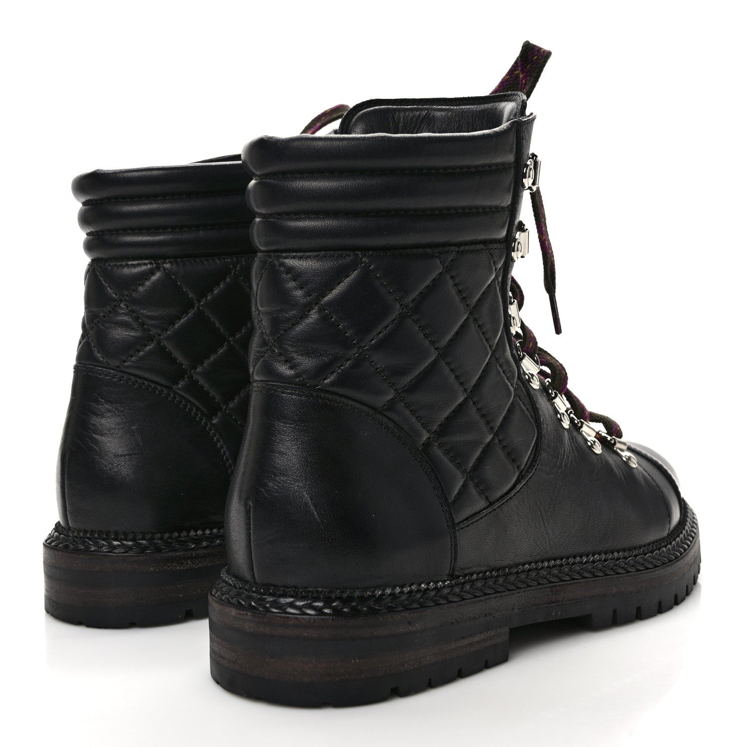 Chanel Lambskin Quilted Lace Up Boots 37.5 Black 4 of 8