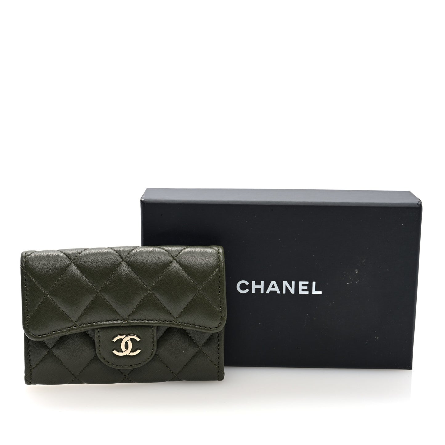 Lambskin Quilted Flap Card Holder Wallet Khaki
