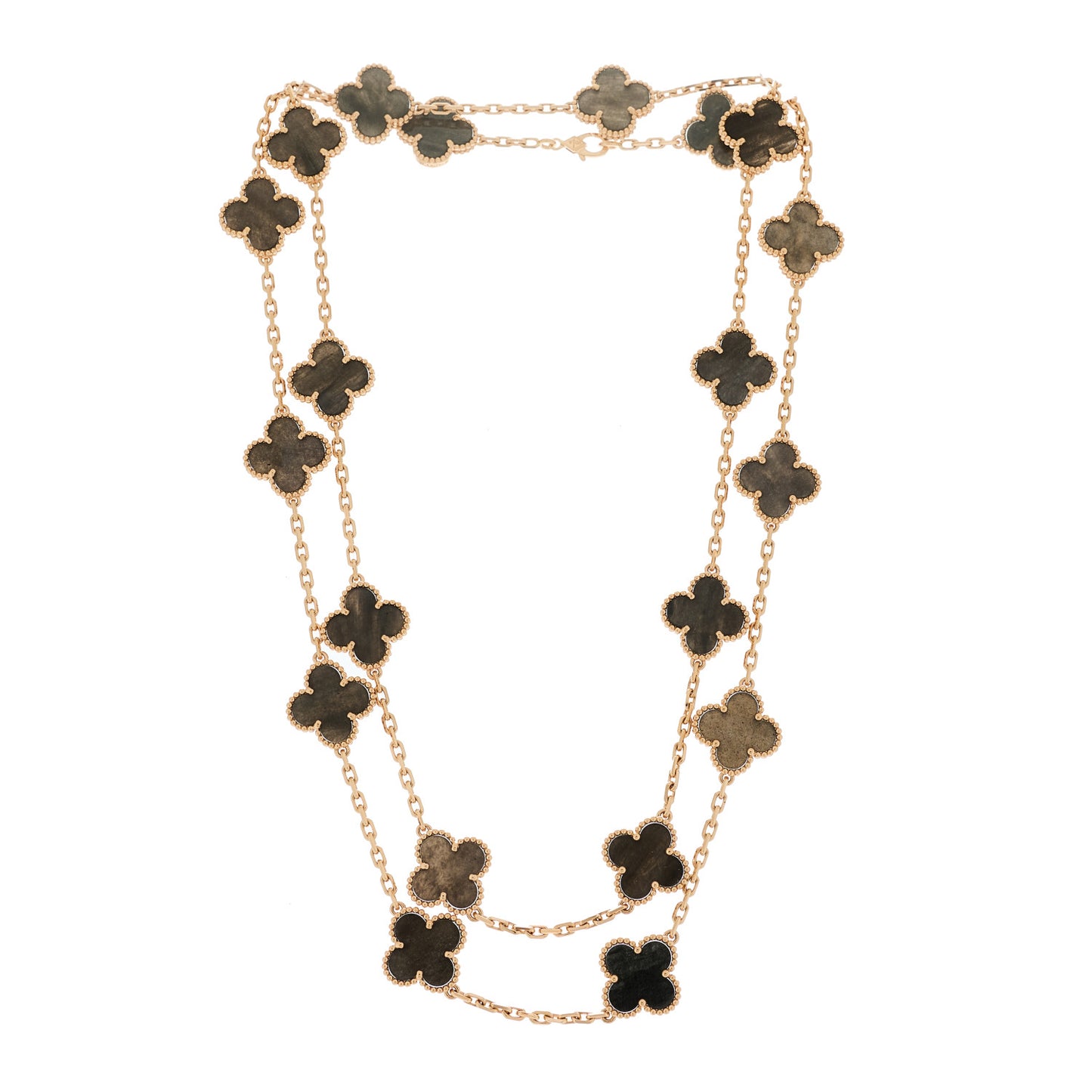 18K Rose Gold Silver Obsidian 20 Motifs Vintage Alhambra Necklace