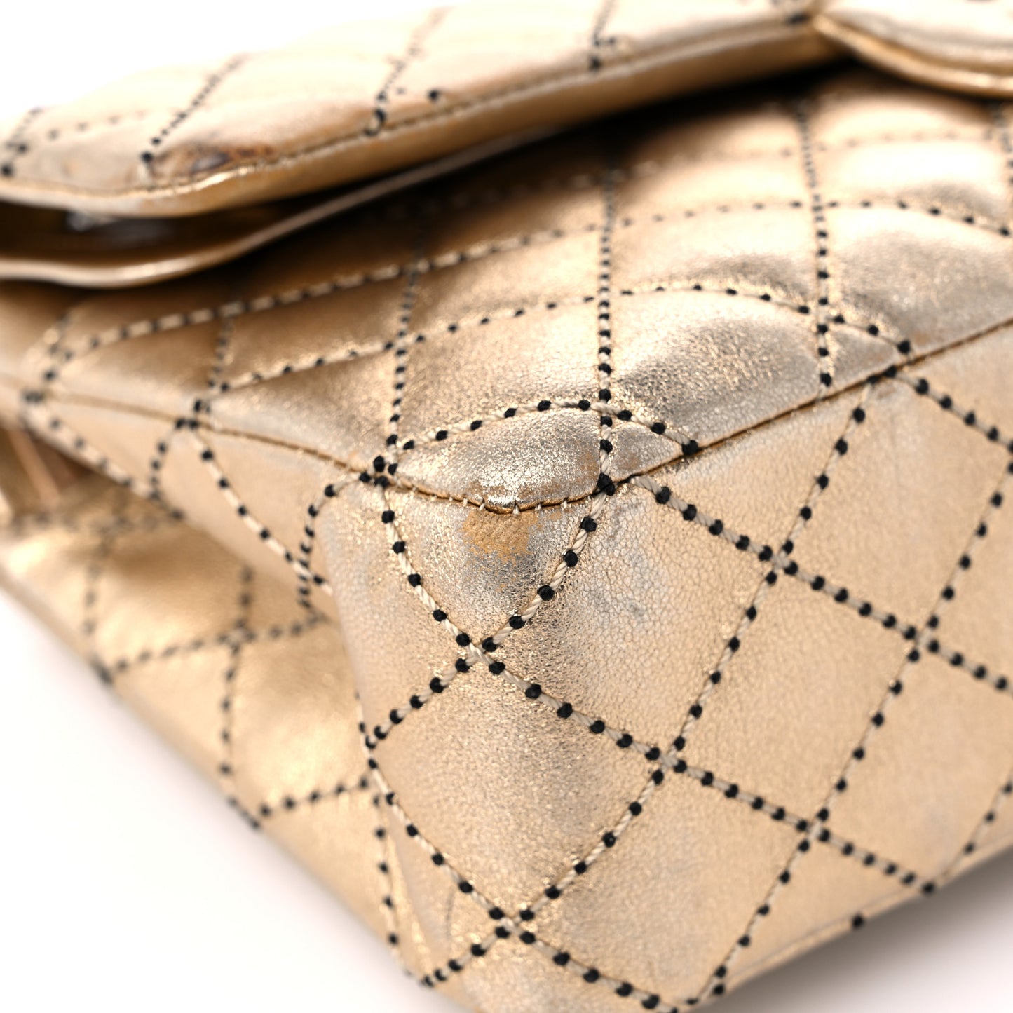 Metallic Washed Lambskin Quilted Medium Double Flap Dark Gold Black