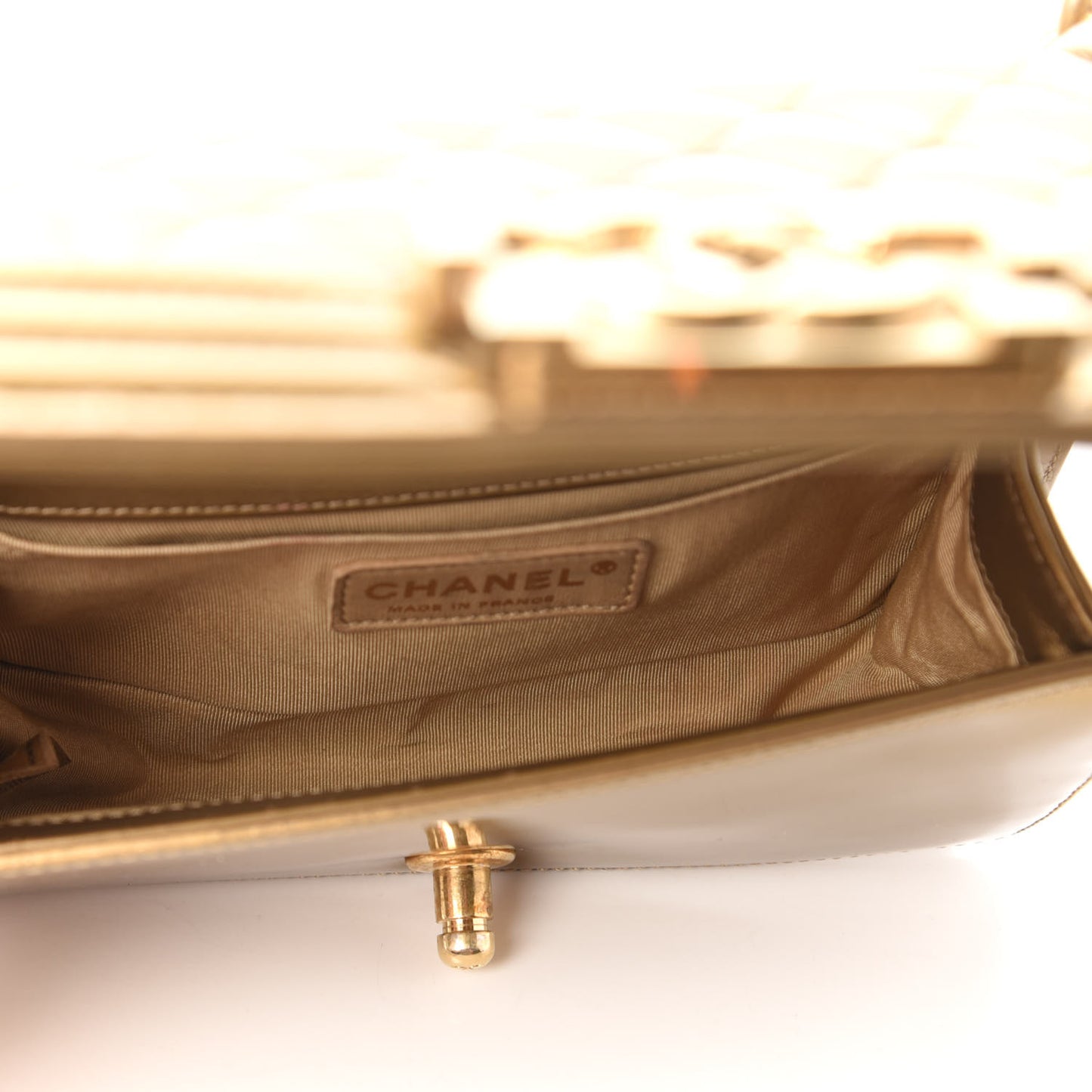 Metallic Patent Calfskin Quilted Small Boy Flap Gold