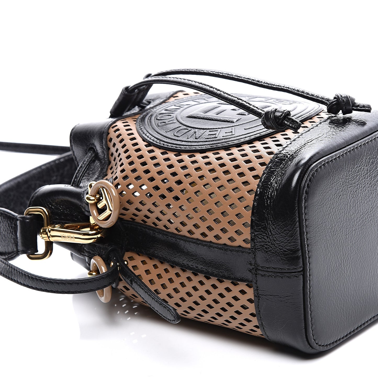 Vitello Liberty Glossy Lambskin F is Fendi Perforated Mini Mon Tresor Bucket Bag Sand Mimosa Black
