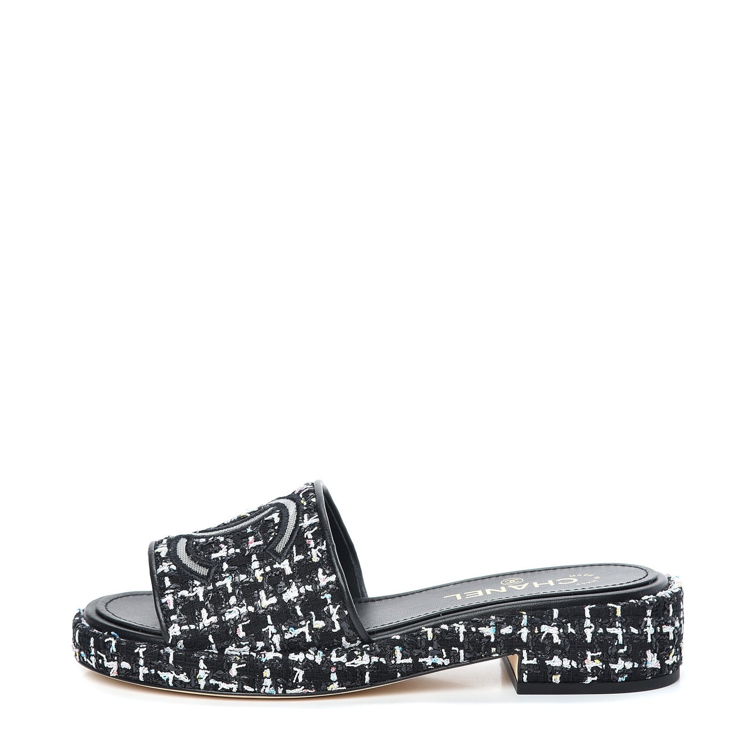 Tweed Lambskin CC Mules 38 Black White