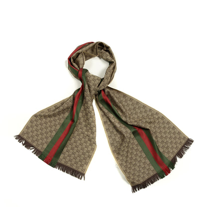 Gucci Wool Silk GG Monogram Web Verbier Fringe Scarf Light Brown Dark Green 1 of 5