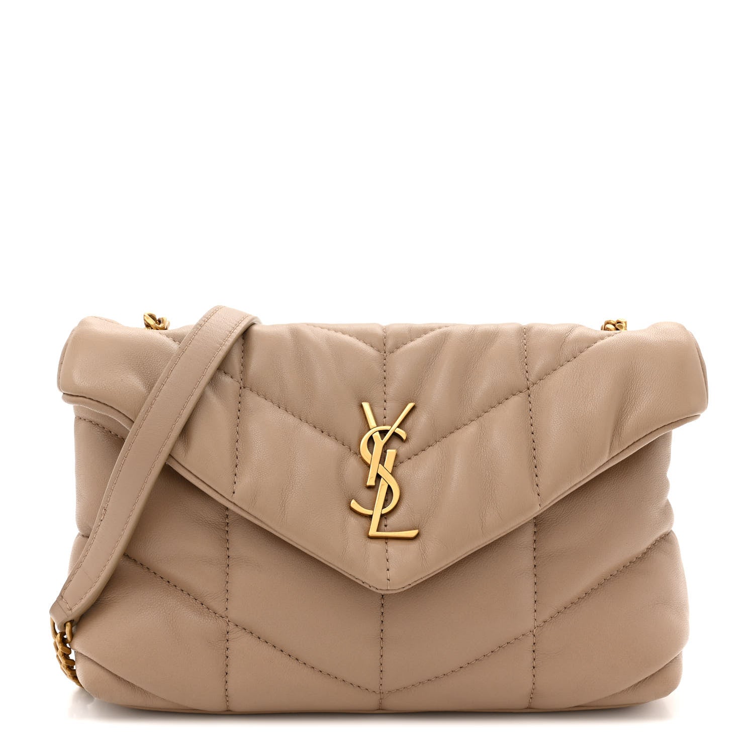 Saint Laurent Lambskin Quilted Toy Loulou Puffer Monogram Chain Satchel Dark Beige 1 of 10