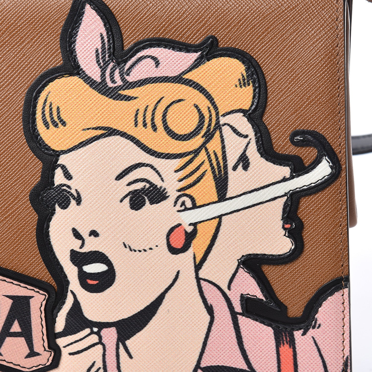 Prada Saffiano Patch Comics Light Frame Bag Caramel 7 of 10