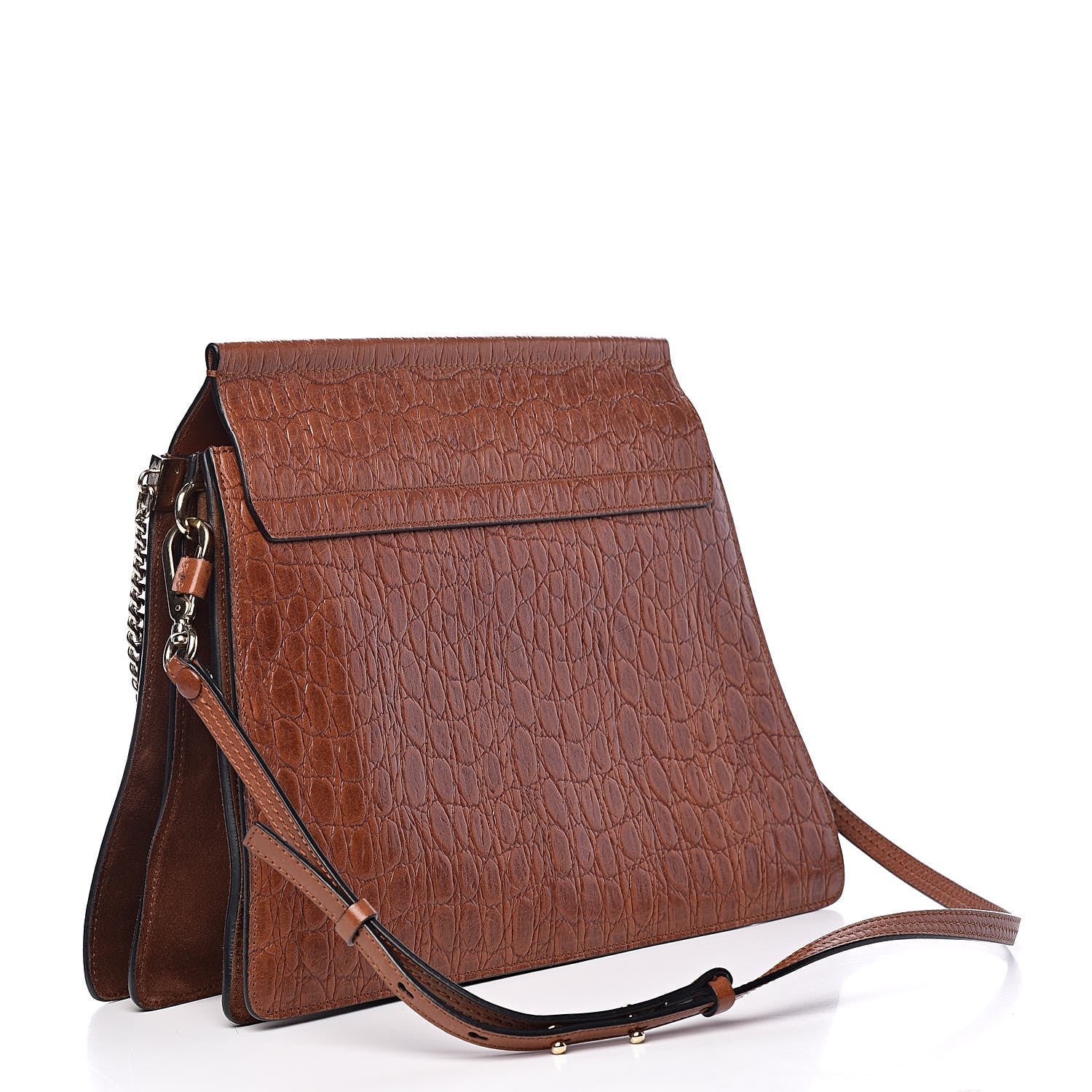 Chloe Calfskin Crocodile Embossed Medium Faye Shoulder Bag Mahogany 3 of 12