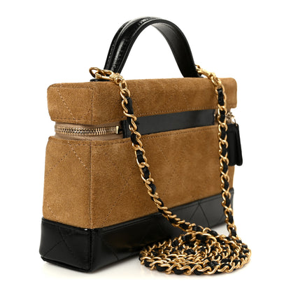 Chanel Suede Calfskin Shiny Lambskin Stitched Top Handle Slim Vanity Case With Chain Beige Black 3 of 11