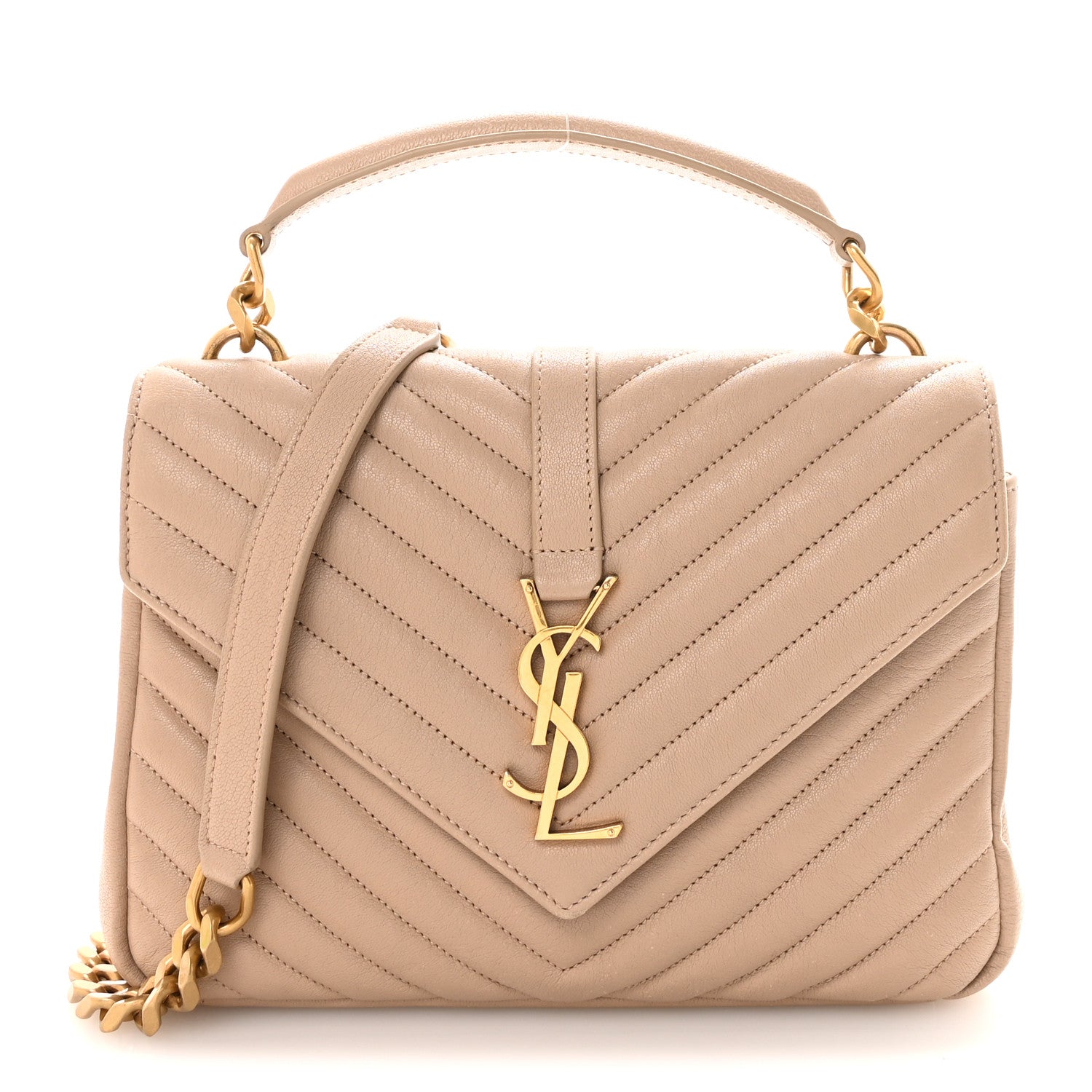 Saint Laurent Sheepskin Matelasse Chevron Monogram Medium College Bag Dark Beige 1 of 8