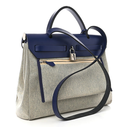 Hermes Vache Hunter Toile H Brides de Gala Herbag Zip Retourne 31 PM Bleu De France Ecru Black 4 of 12