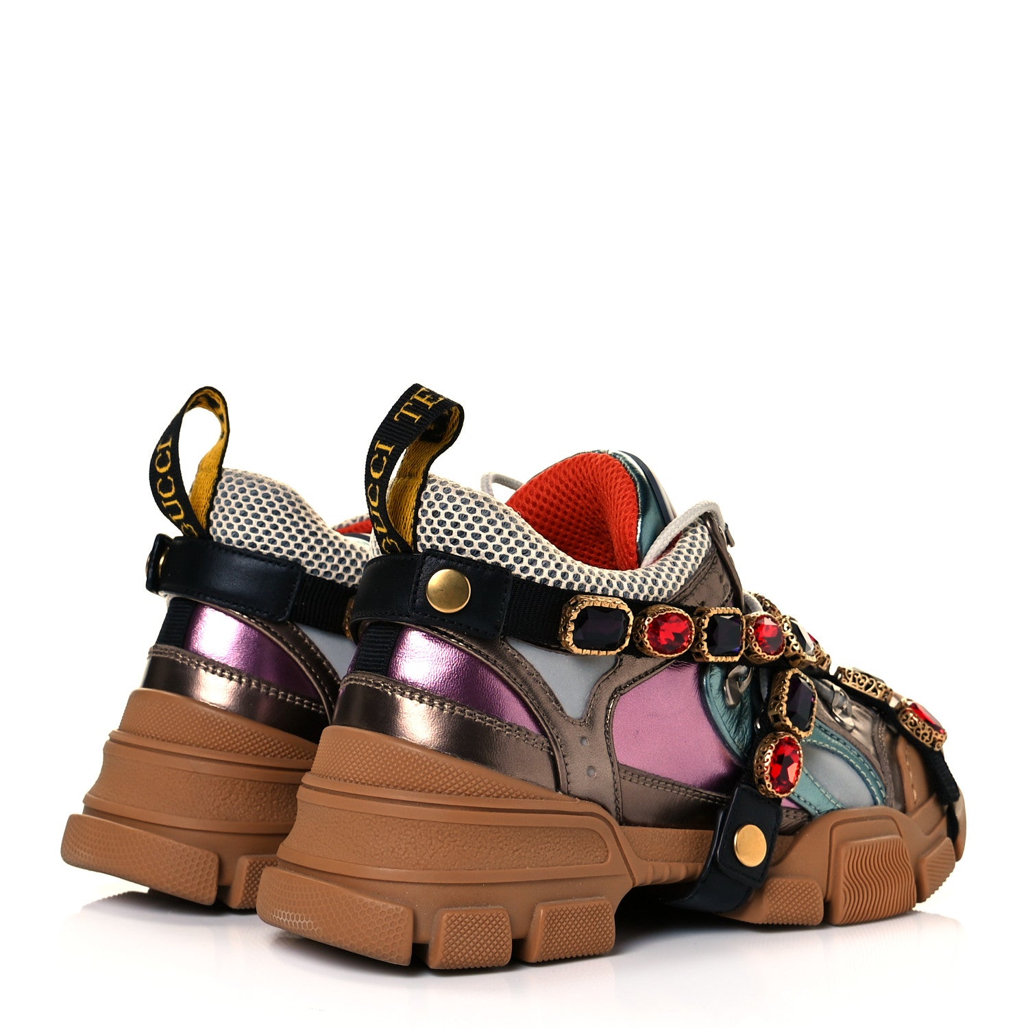 Gucci X SEGA Metallic Calfskin Mesh Removable Crystals Womens Flashtrek Sneakers 37 Rame Mystic White Lago 4 of 7