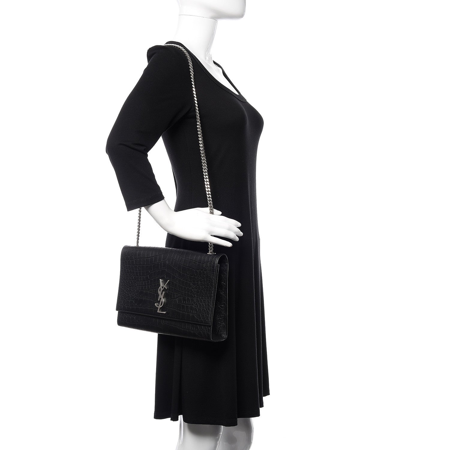 Saint Laurent Calfskin Crocodile Embossed Large Classic Monogram Kate Satchel Black 2 of 10